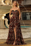 Corset Brown Leopard Strapless Tiered A-Line Prom Dress With Slit