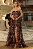 Corset Brown Leopard Strapless Tiered A-Line Prom Dress With Slit