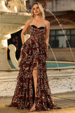 Corset Brown Leopard Strapless Tiered A-Line Prom Dress With Slit