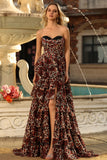 Corset Brown Leopard Strapless Tiered A-Line Prom Dress With Slit
