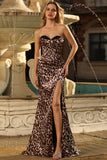 Strapless Mermaid Coffee Leopard Corset Prom Dress With Slit