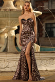 Strapless Mermaid Coffee Leopard Corset Prom Dress With Slit