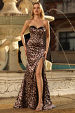 Strapless Mermaid Coffee Leopard Corset Prom Dress With Slit