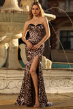 Strapless Mermaid Coffee Leopard Corset Prom Dress With Slit