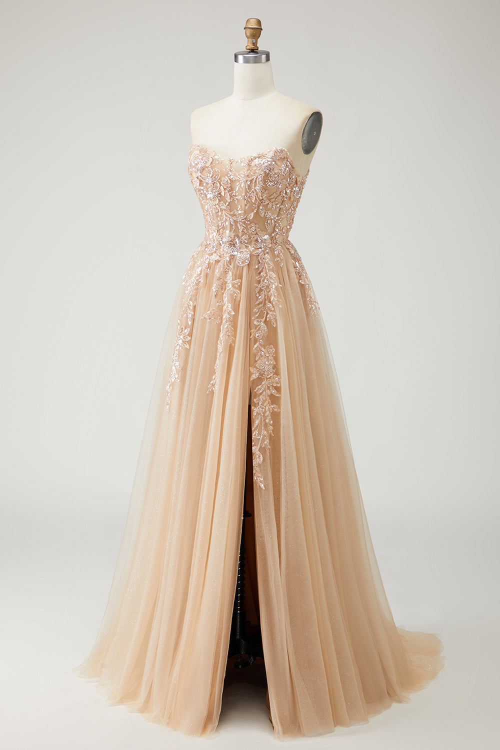 Berylove Women Sparkly Champagne Prom Dress With Slit A-Line Strapless Appliqued Corset Maxi Party Dress With Removable Sleeves, Champagne / US4 Berylove Women Sparkly Champagne Prom Dress With Slit A-Line Strapless Appliqued Corset Maxi Party Dress With Removable Sleeves, Champagne / US4