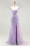 Purple Sweetheart Corset Sequin Mermaid Prom Dress With Slit