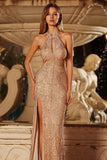 Sparkly Champagne Halter Mermaid Cut Out Prom Dress