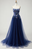 Navy Strapless A-Line Corset Prom Dress With Appliques