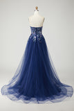 Navy Strapless A-Line Corset Prom Dress With Appliques