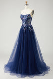 Navy Strapless A-Line Corset Prom Dress With Appliques