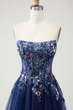 Navy Strapless A-Line Corset Prom Dress With Appliques
