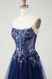 Navy Strapless A-Line Corset Prom Dress With Appliques