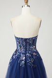 Navy Strapless A-Line Corset Prom Dress With Appliques