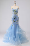 Blue Mermaid Appliqued Corset Tulle Prom Dress