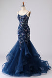 Sparkly Navy Mermaid Appliqued Corset Tulle Prom Dress