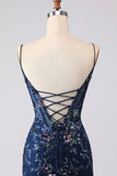 Sparkly Navy Mermaid Appliqued Corset Tulle Prom Dress