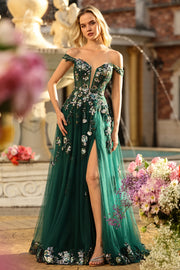 Dark Green A-Line Off The Shoulder Sequin Prom Dress With Slit
