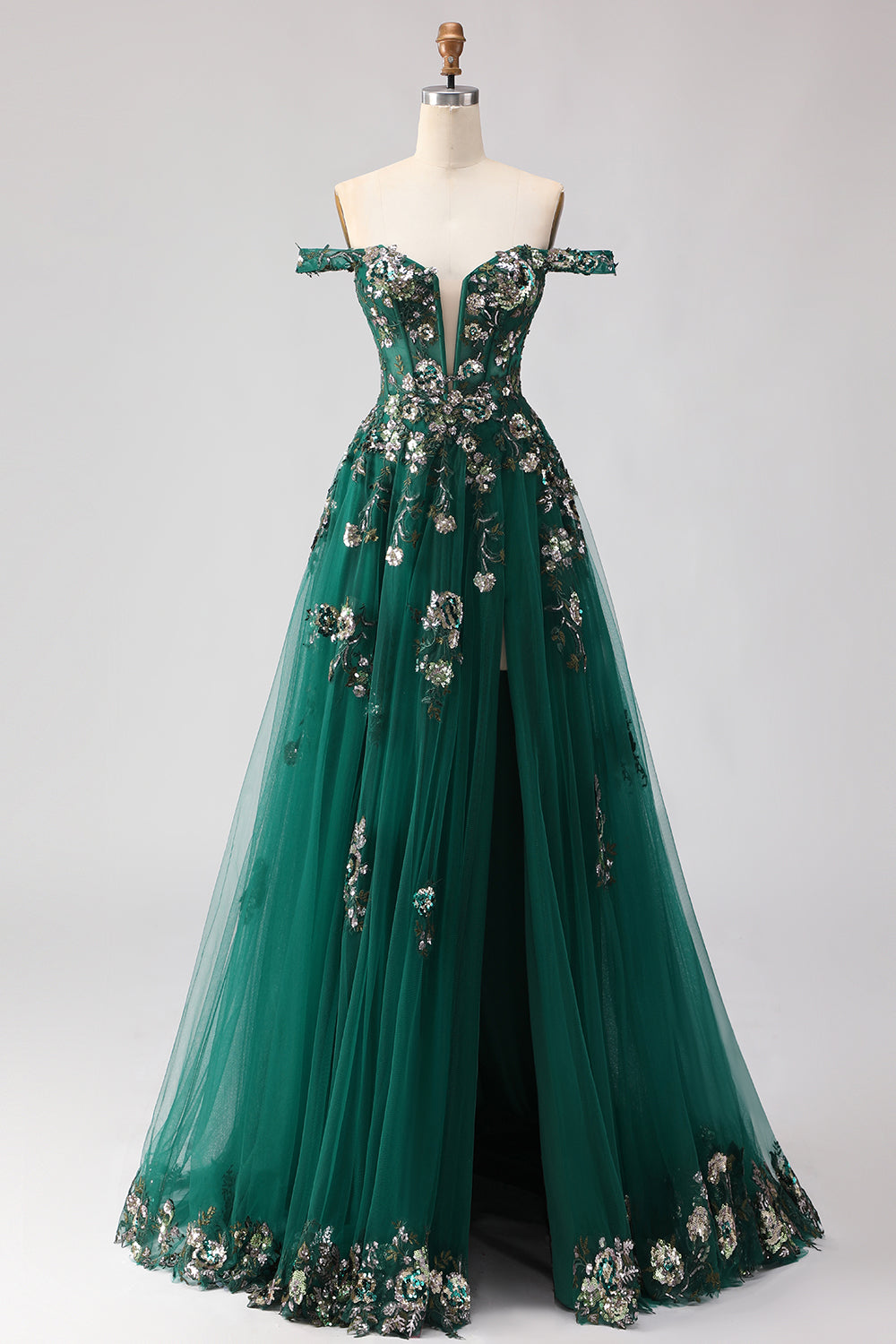 Berylove Women Dark Green Off The Shoulder Prom Dress With Slit Sparkly A Line Corset Tulle Maxi Party Dress, Dark Green / US26W Berylove Women Dark Green Off The Shoulder Prom Dress With Slit Sparkly A Line Corset Tulle Maxi Party Dress, Dark Green / US26W