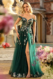 Dark Green A-Line Off The Shoulder Sequin Prom Dress With Slit