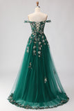 Dark Green A-Line Off The Shoulder Sequin Prom Dress With Slit
