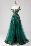 Sparkly Dark Green Off The Shoulder A Line Prom Dress