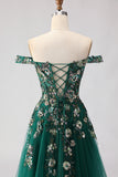 Sparkly Dark Green Off The Shoulder A Line Prom Dress