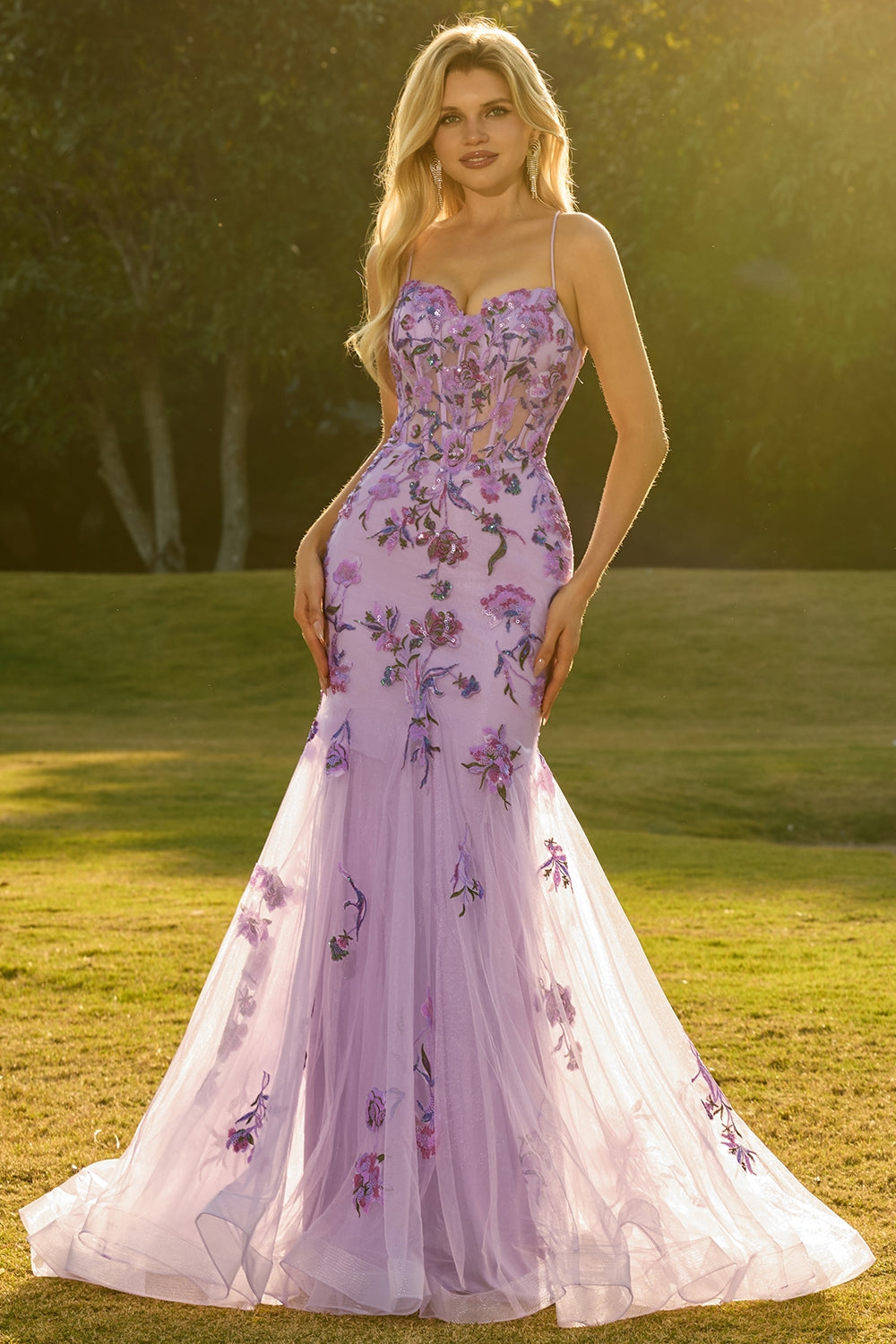 Berylove Women Purple Prom Dress Mermaid Corset Spaghetti Straps Maxi Party Dress with Appliques, Purple / US20W