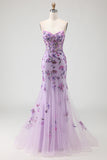 Purple Floral Mermaid Corset Spaghetti Straps Prom Dress With Sequins