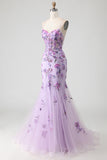 Purple Floral Mermaid Corset Spaghetti Straps Prom Dress With Sequins