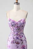 Purple Floral Mermaid Corset Spaghetti Straps Prom Dress With Sequins