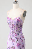 Purple Floral Mermaid Corset Spaghetti Straps Prom Dress With Sequins