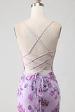 Purple Floral Mermaid Corset Spaghetti Straps Prom Dress With Sequins