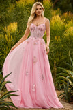 Beaded Pink A Line Corset Appliqued Prom Dress