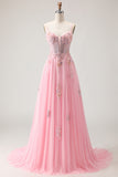 Pink A-Line Corset Beaded Prom Dress With Lace Up Back