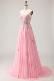 Pink A-Line Corset Beaded Prom Dress With Lace Up Back