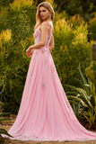 Beaded Pink A Line Corset Appliqued Prom Dress