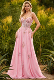 Beaded Pink A Line Corset Appliqued Prom Dress