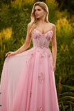 Beaded Pink A Line Corset Appliqued Prom Dress