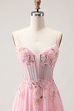 Pink A-Line Corset Beaded Prom Dress With Lace Up Back