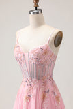 Pink A-Line Corset Beaded Prom Dress With Lace Up Back