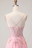 Pink A-Line Corset Beaded Prom Dress With Lace Up Back