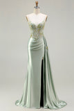 Green Mermaid Beaded Spaghetti Straps Satin Prom Dress With Slit
