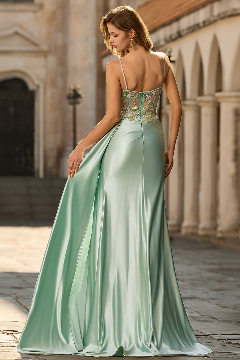 Berylove Women Green Mermaid Prom Dress With Slit Satin Beaded Ruched Maxi Party Dress With Side Cape, Green / US10 Berylove Women Green Mermaid Prom Dress With Slit Satin Beaded Ruched Maxi Party Dress With Side Cape, Green / US10