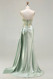 Green Mermaid Beaded Spaghetti Straps Satin Prom Dress With Slit