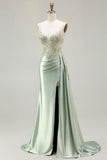 Green Mermaid Beaded Spaghetti Straps Satin Prom Dress With Slit