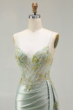 Green Mermaid Beaded Spaghetti Straps Satin Prom Dress With Slit