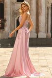 Sparkly Pink Corset Appliqued Satin Prom Dress