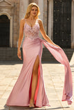 Sparkly Pink Corset Appliqued Satin Prom Dress