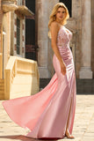 Sparkly Pink Corset Appliqued Satin Prom Dress