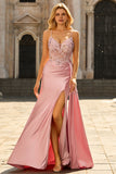 Sparkly Pink Corset Appliqued Satin Prom Dress